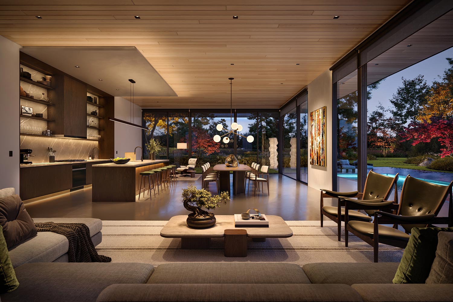Modern open kitchen and living room at twilight